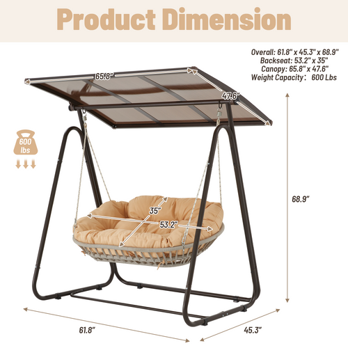 2-Seat Patio Swing Chair with Adjustable Canopy. Beige