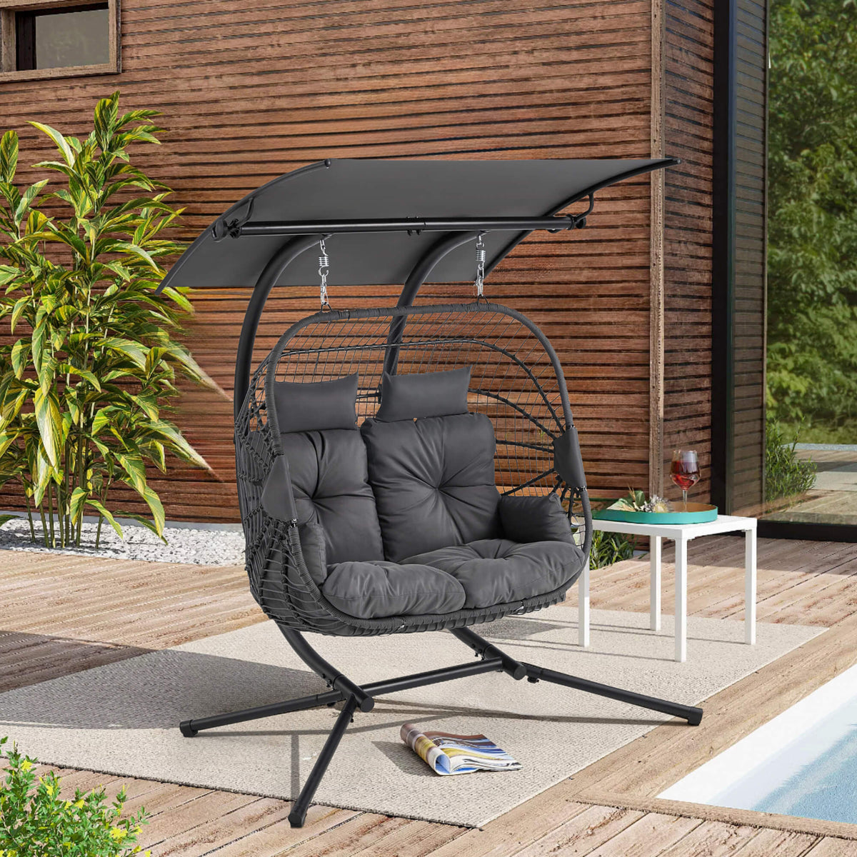 Double Hanging Egg Chair with Stand. Wicker Loveseat Swing with Extra Cushion. Gray
