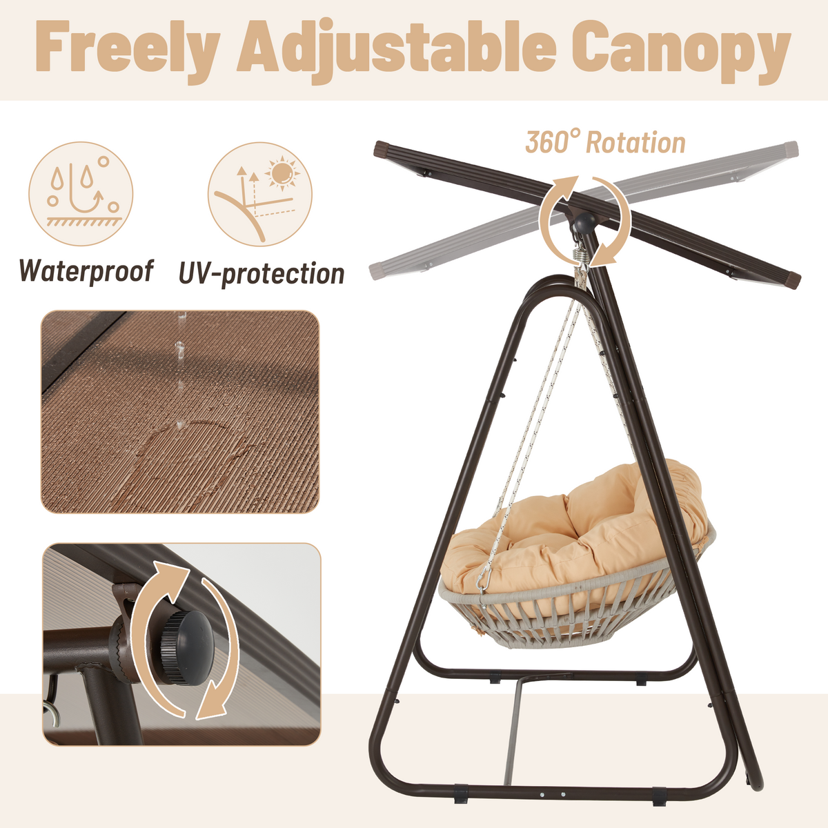 2-Seat Patio Swing Chair with Adjustable Canopy. Beige