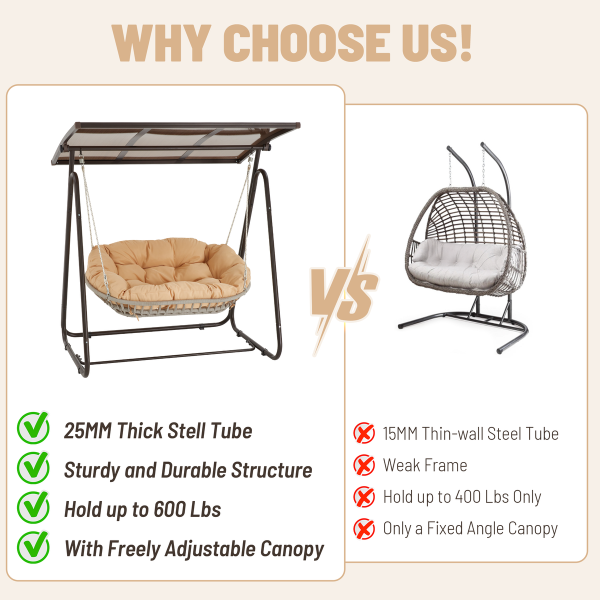 2-Seat Patio Swing Chair with Adjustable Canopy. Beige