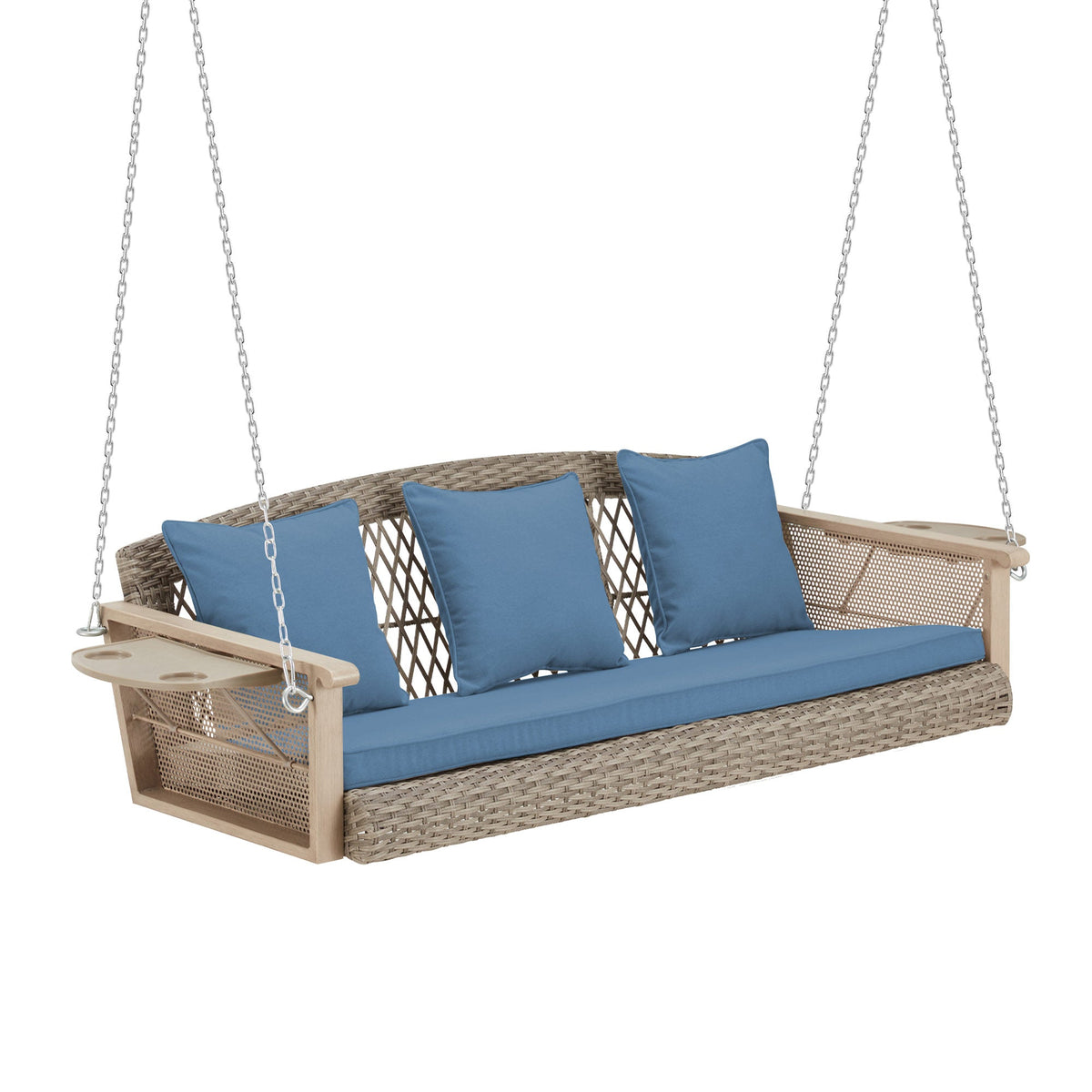 3-Seater Outdoor Porch Swing with Cup Holders. Blue