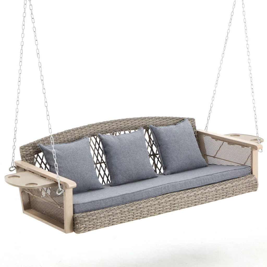 3-Seater Patio Swing Bed with Cup Holders and Cushions . Gray