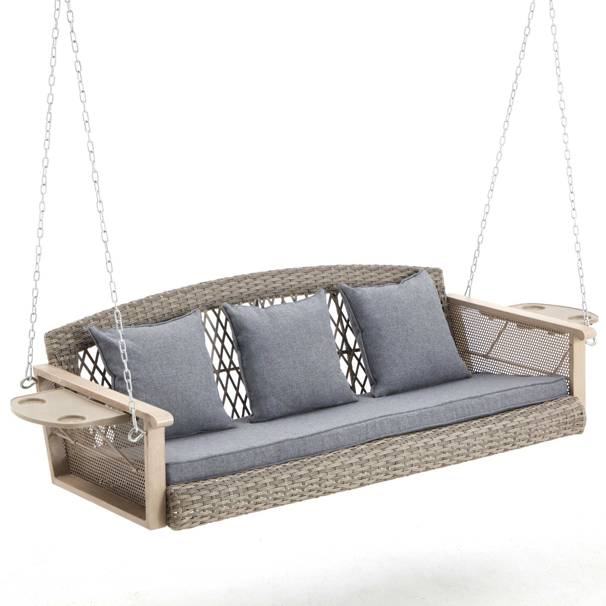 3-Seater Patio Swing Bed with Cup Holders and Cushions . Gray