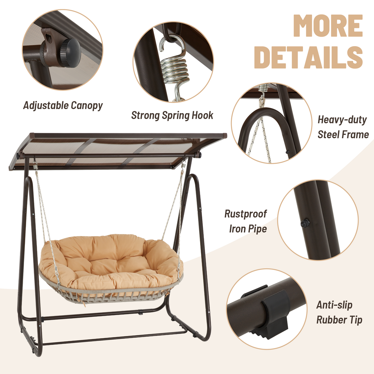2-Seat Patio Swing Chair with Adjustable Canopy. Beige
