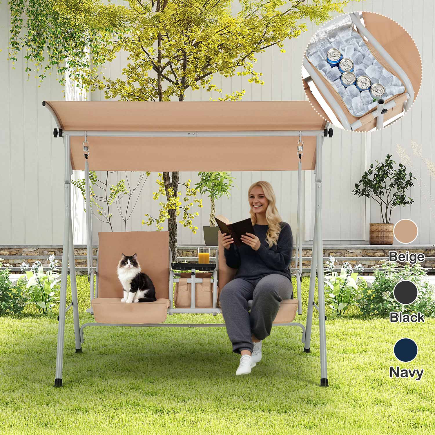 2 Seat Outdoor Porch Swing with Adjustable Canopy. Beige