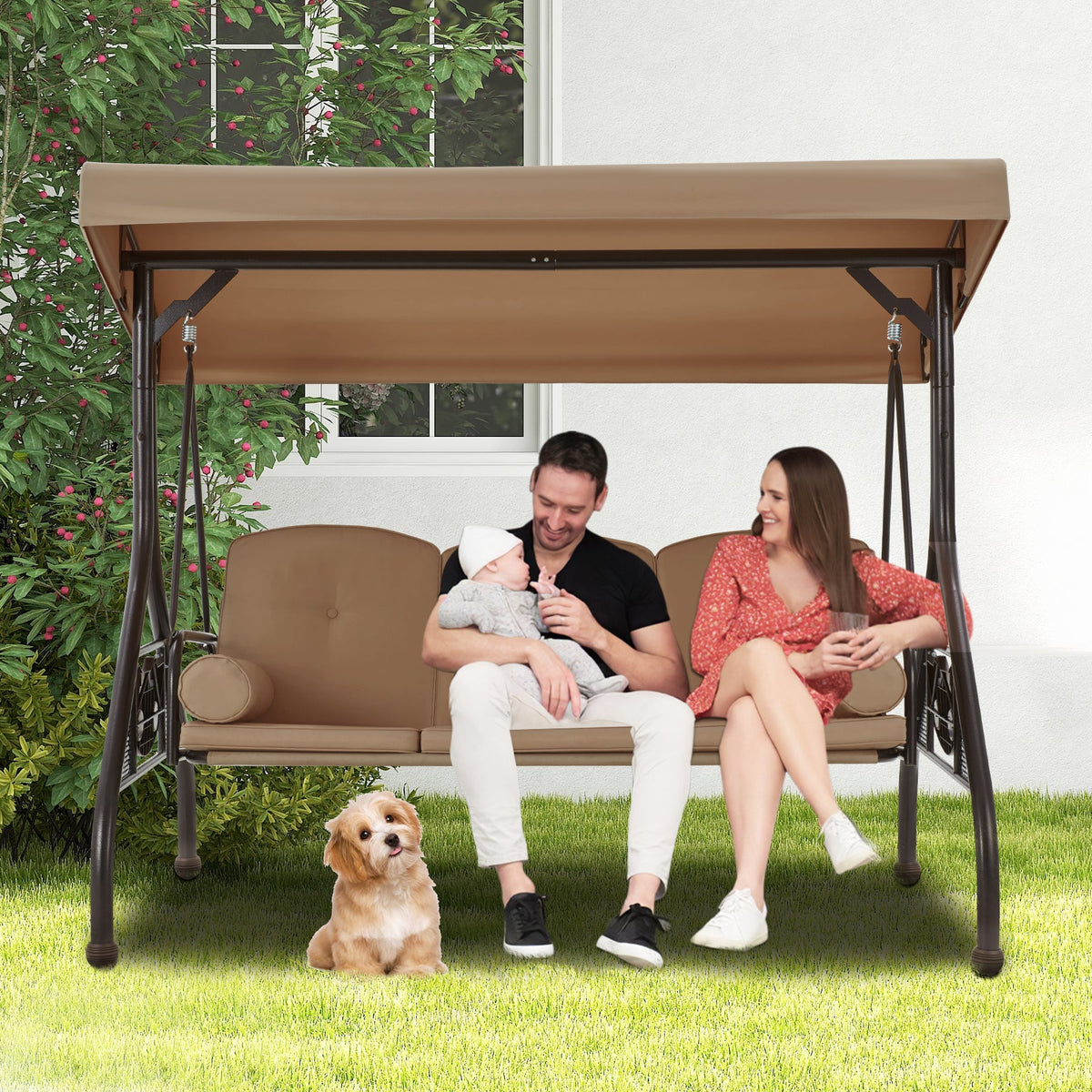 3-Seat Outdoor Porch Swing with Adjustable Canopy and Backrest. Brown