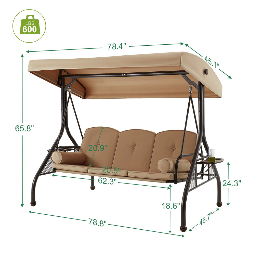 3-Seat Outdoor Porch Swing with Adjustable Canopy and Backrest. Brown