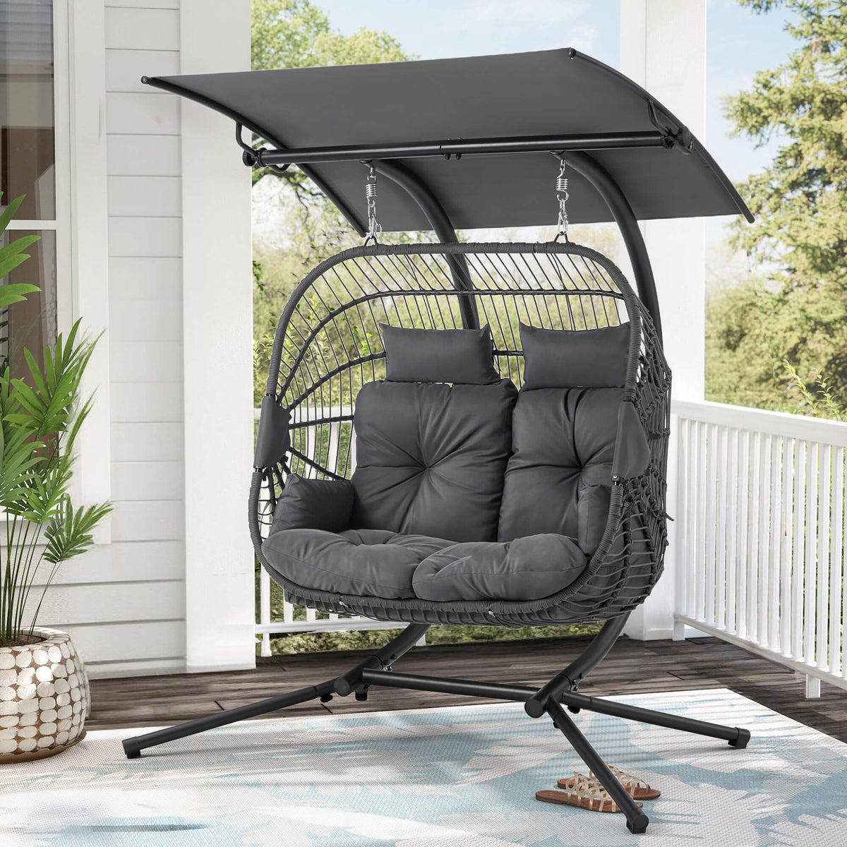 Double Hanging Egg Chair with Stand. Wicker Loveseat Swing with Extra Cushion. Gray