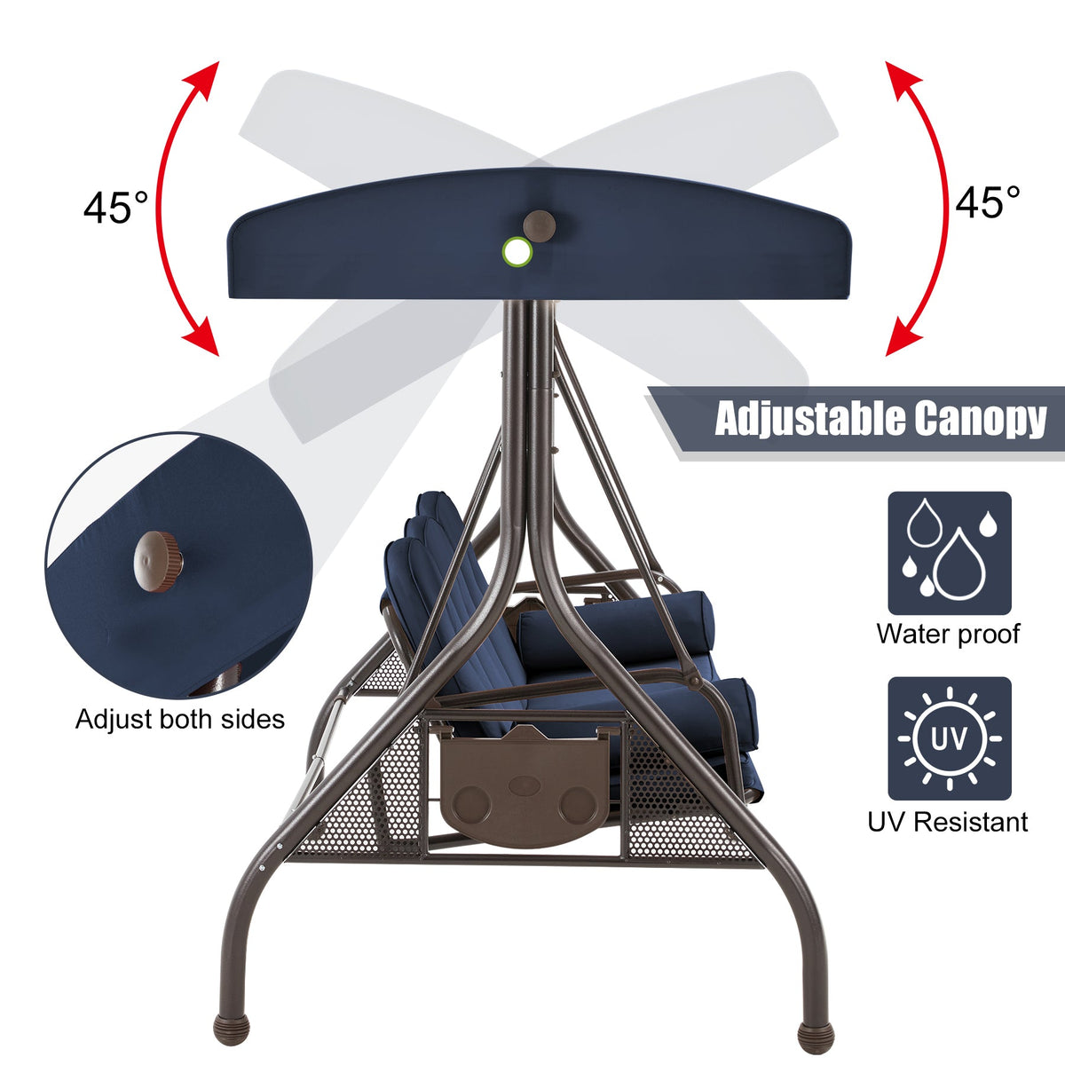 3-Seater Outdoor Porch Swing with Stand. Adjustable Canopy & Backrest. Blue