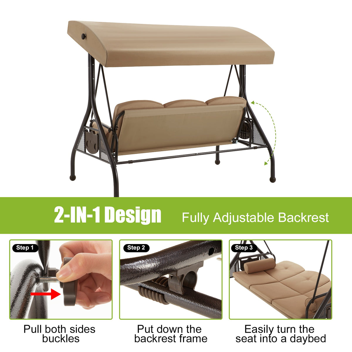 3-Seat Outdoor Porch Swing with Adjustable Canopy and Backrest. Brown