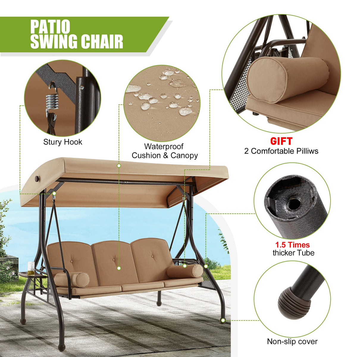 3-Seat Outdoor Porch Swing with Adjustable Canopy and Backrest. Brown