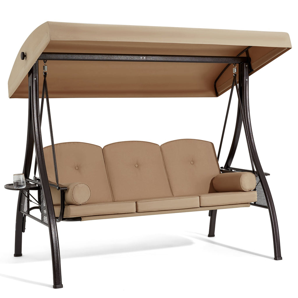 3-Seat Outdoor Porch Swing with Adjustable Canopy and Backrest. Brown