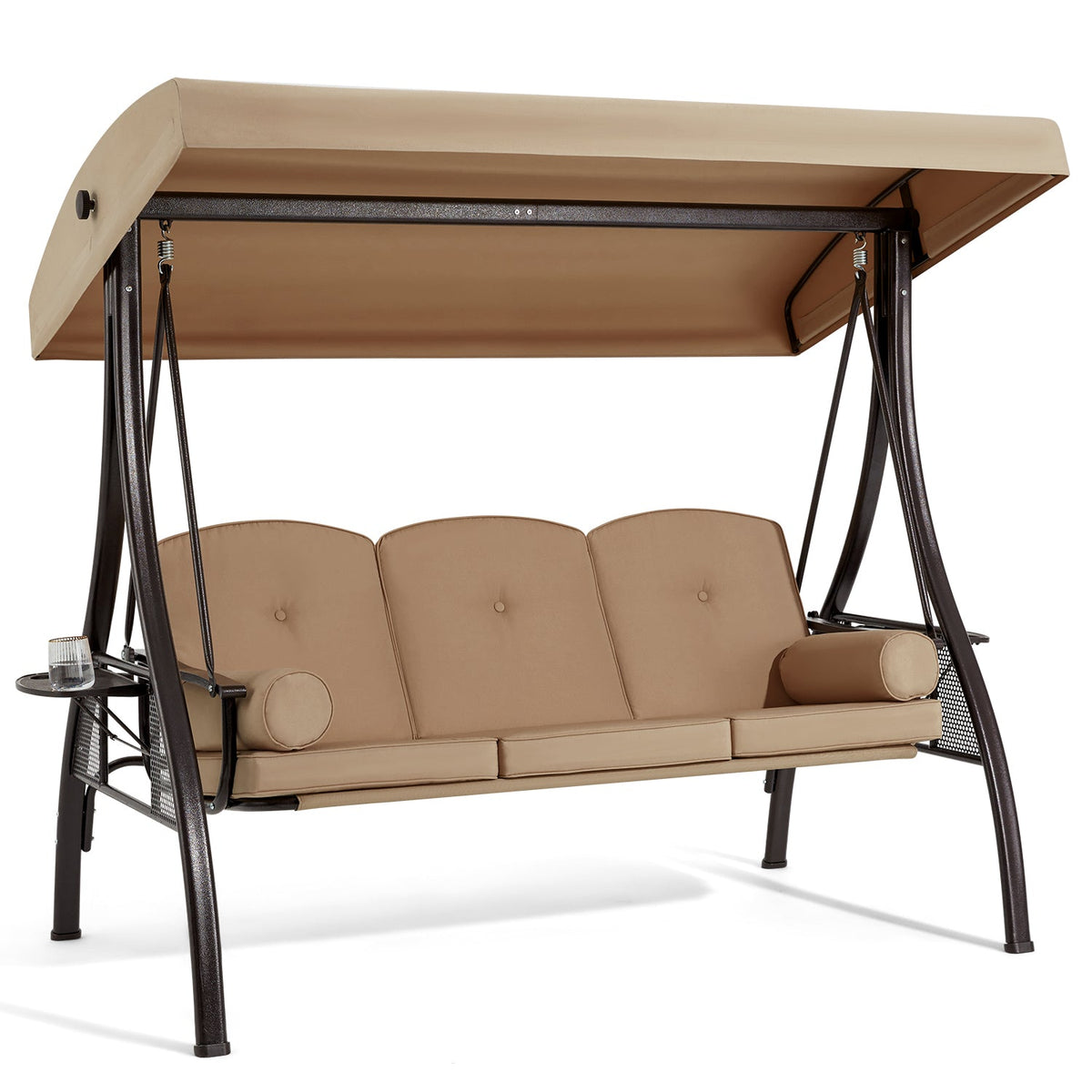 3-Seat Outdoor Porch Swing with Adjustable Canopy and Backrest. Brown