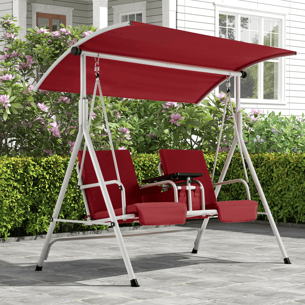 2 Seat Outdoor Porch Swing with Adjustable Canopy. Wine Red