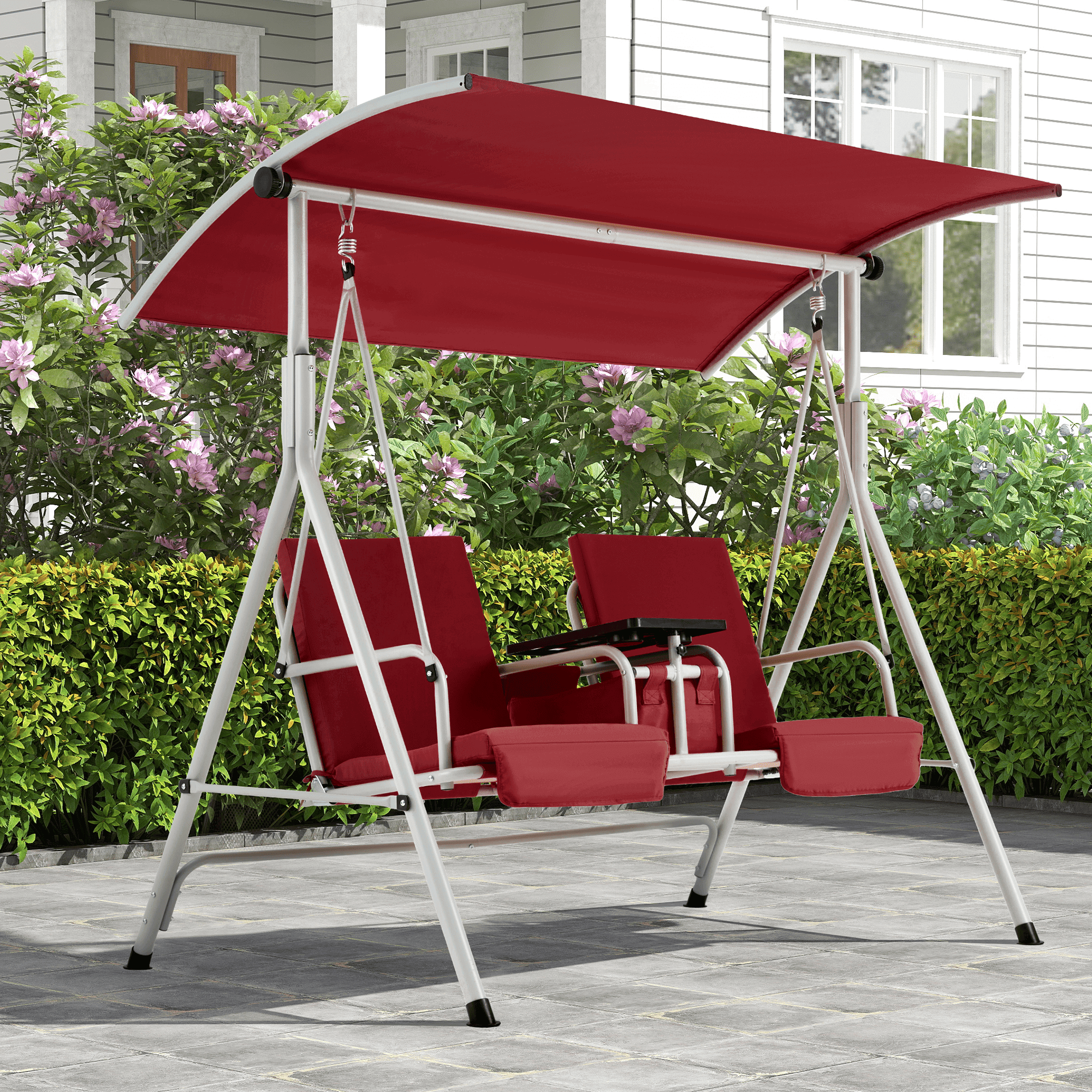 2 Seat Outdoor Porch Swing with Adjustable Canopy. Wine Red