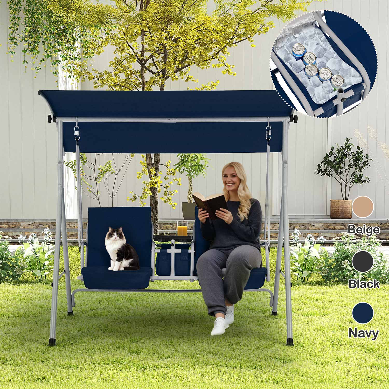 2 Seat Outdoor Porch Swing with Adjustable Canopy. Navy Blue