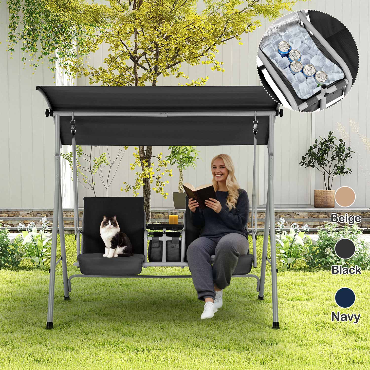2 Seat Outdoor Porch Swing with Adjustable Canopy and Cup Holders. Black