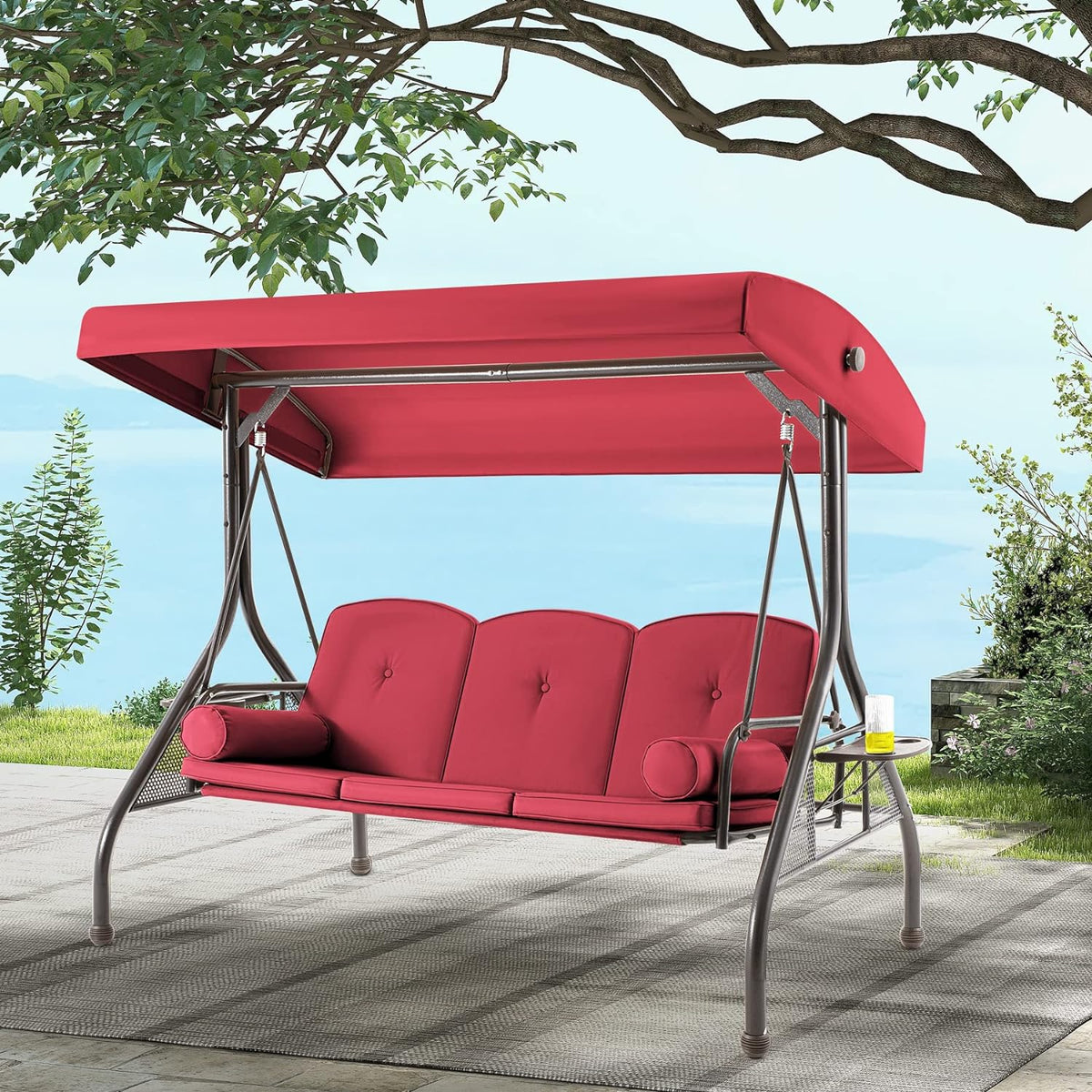 3-Seat Outdoor Swing with Adjustable Canopy and Backrest for Porch. Wine Red