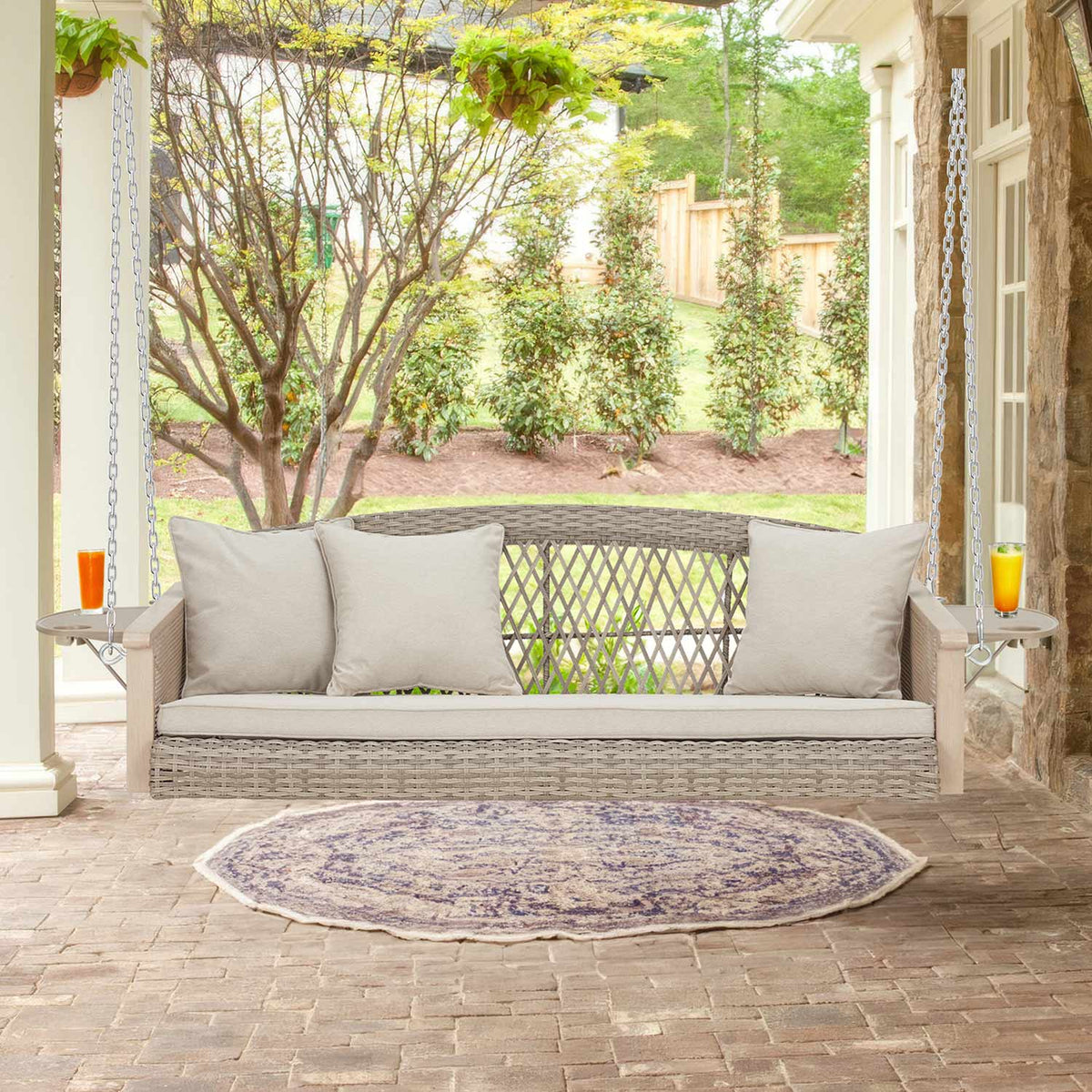 3-Seater Patio Porch Swing Bed with Cup Holders and Cushions. Beige