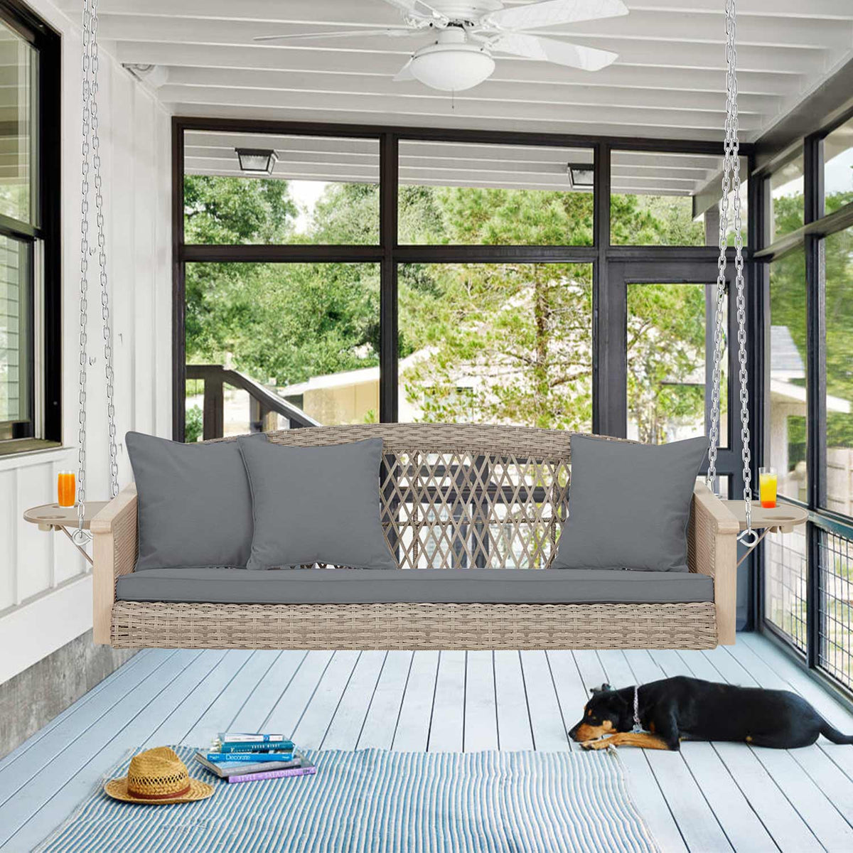 3-Seater Patio Swing Bed with Cup Holders and Cushions . Gray