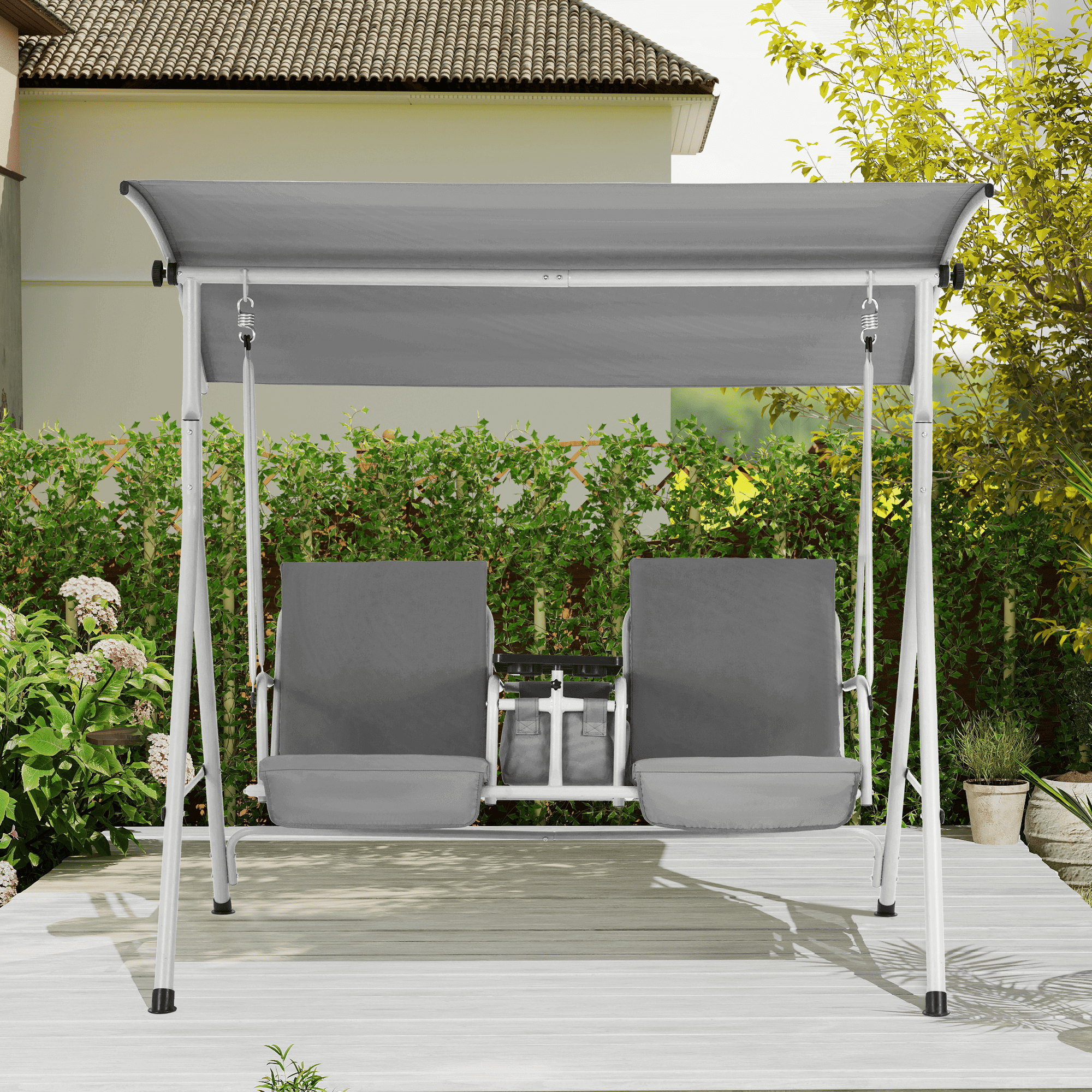 2 Seat Outdoor Porch Swing with Adjustable Canopy. Gray