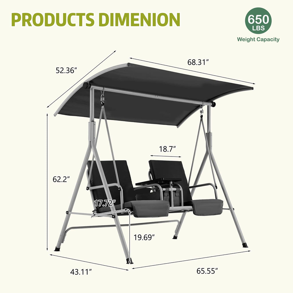2 Seat Outdoor Porch Swing with Adjustable Canopy and Cup Holders. Black