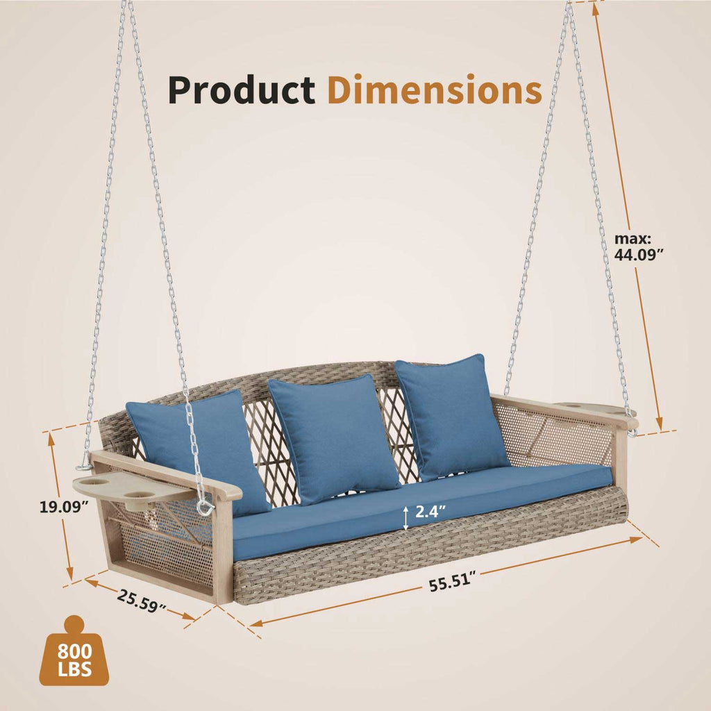 3-Seater Outdoor Porch Swing with Cup Holders. Blue