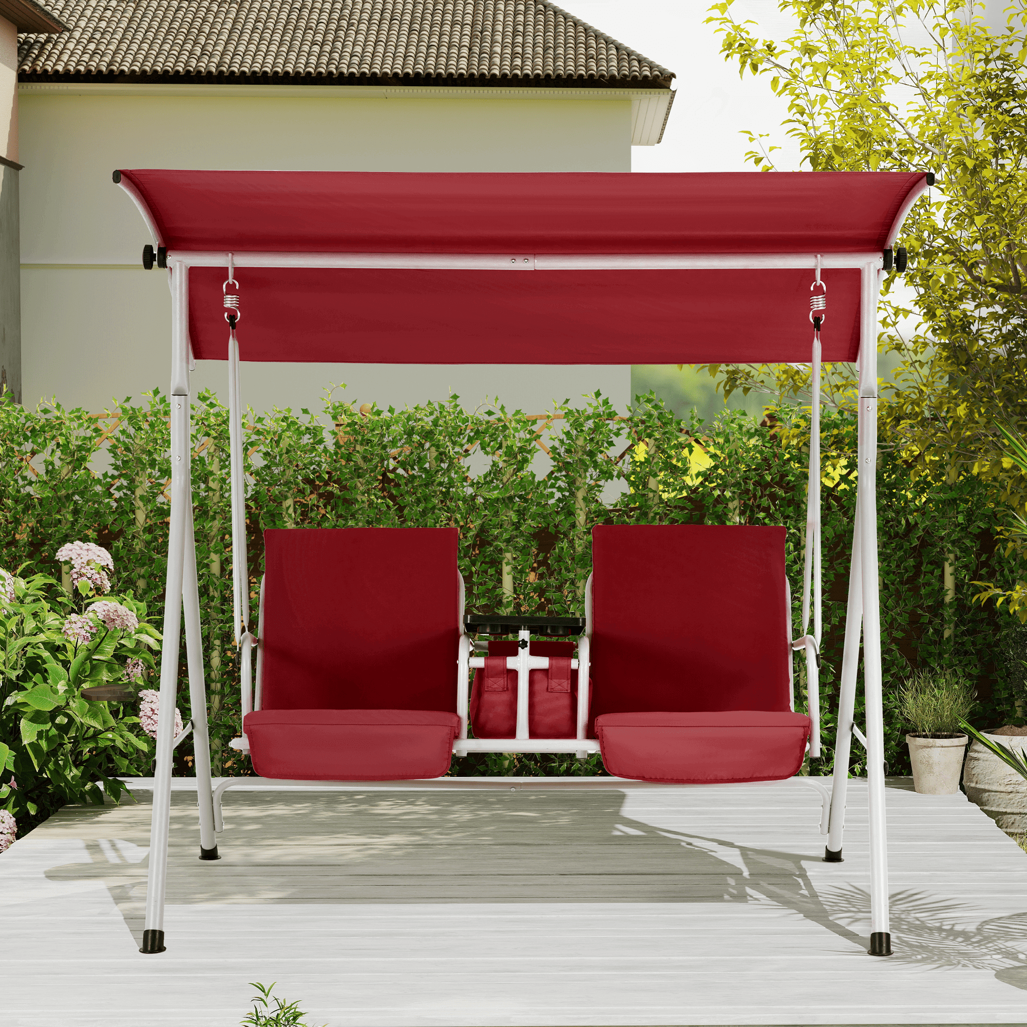 2 Seat Outdoor Porch Swing with Adjustable Canopy. Wine Red