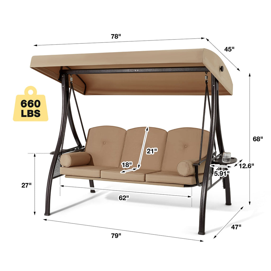 3-Seat Outdoor Porch Swing with Adjustable Canopy and Backrest. Brown