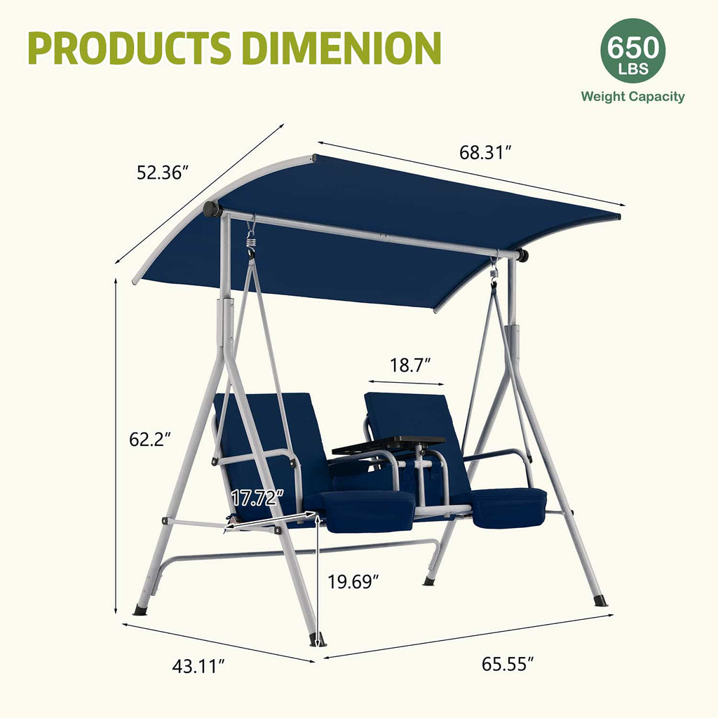 2 Seat Outdoor Porch Swing with Adjustable Canopy. Navy Blue