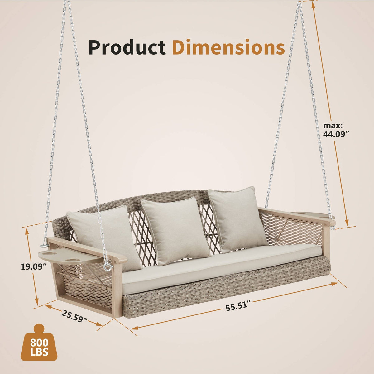3-Seater Patio Porch Swing Bed with Cup Holders and Cushions. Beige