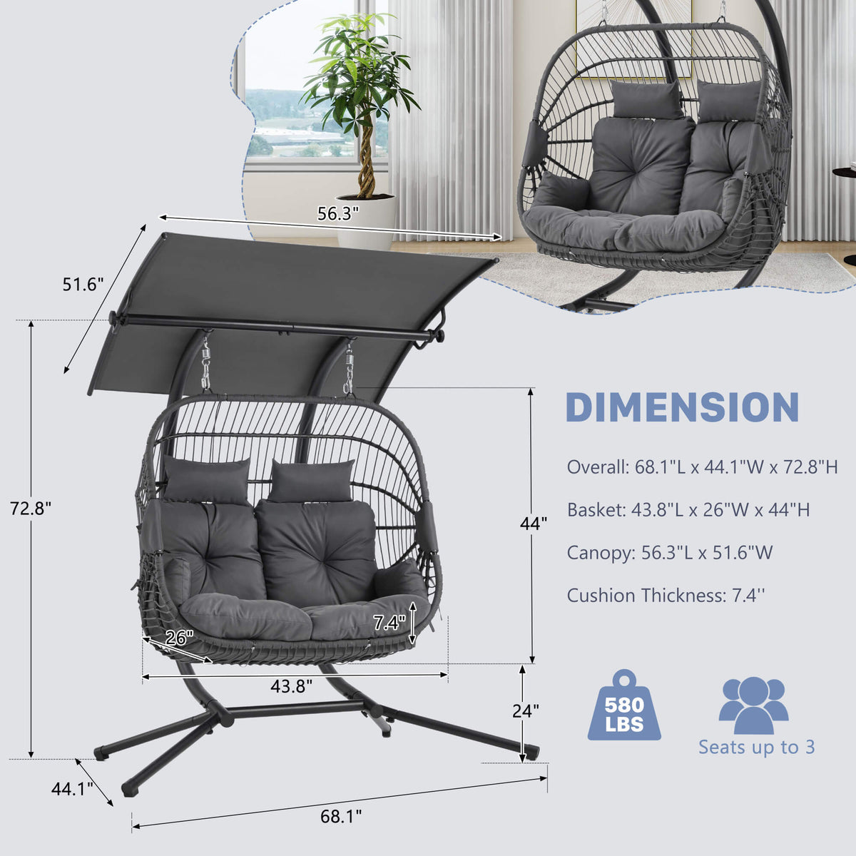 Double Hanging Egg Chair with Stand. Wicker Loveseat Swing with Extra Cushion. Gray