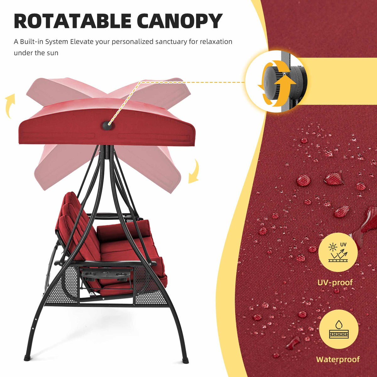 3-Seat Outdoor Porch Swing with Adjustable Canopy Backrest and 2 Side Trays. Wine Red
