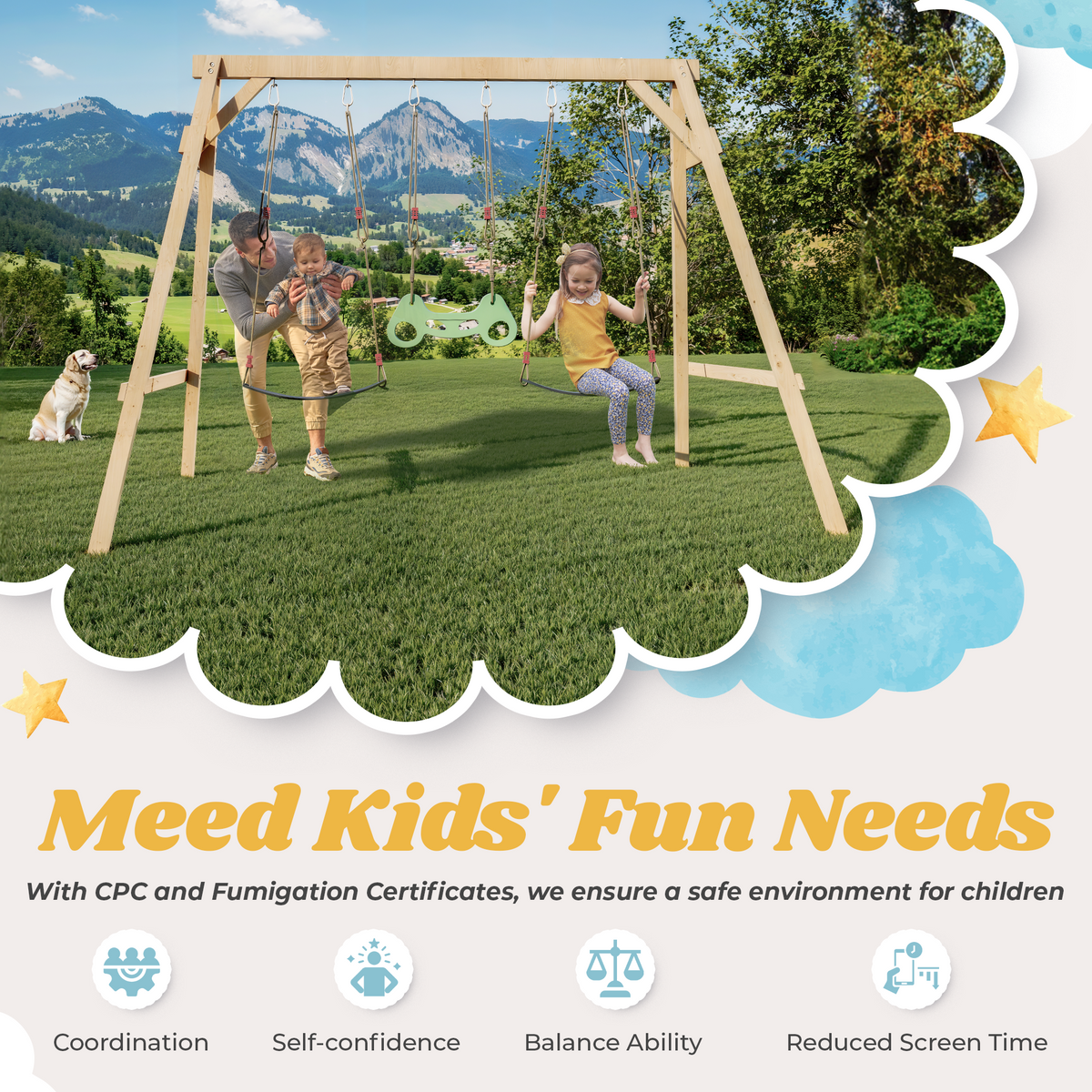 Wooden Swing Sets for Backyard with 2 Belt Swings and Trapeze Bar. Outdoor Playset for Kids. Backyard Discovery Wooden Swing Set