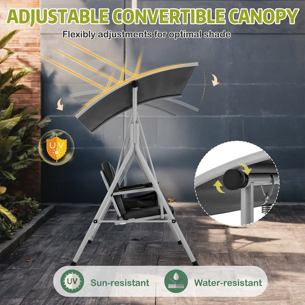 2 Seat Outdoor Porch Swing with Adjustable Canopy and Cup Holders. Black