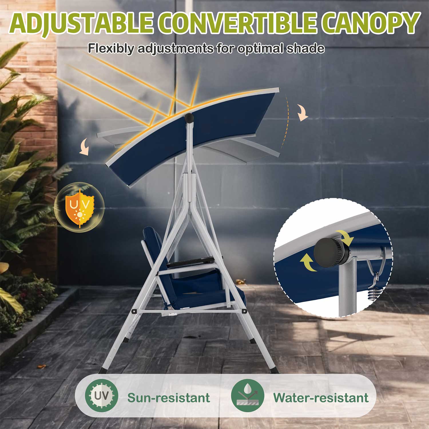 2 Seat Outdoor Porch Swing with Adjustable Canopy. Navy Blue