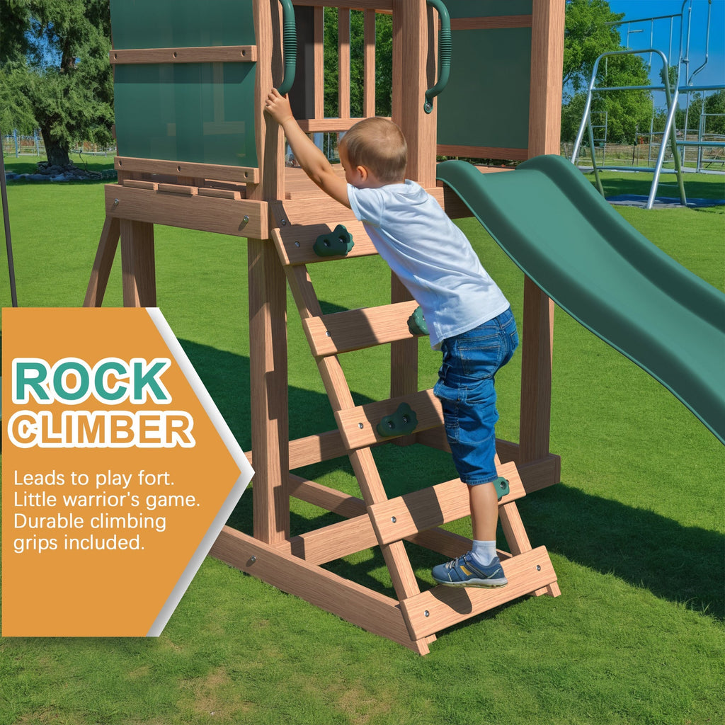 Swing Sets for Backyard. 4-in-1 Outdoor Swing Set with Slide. Climbing Rock Wall. and Soft Cushion Swings for Backyard Playground