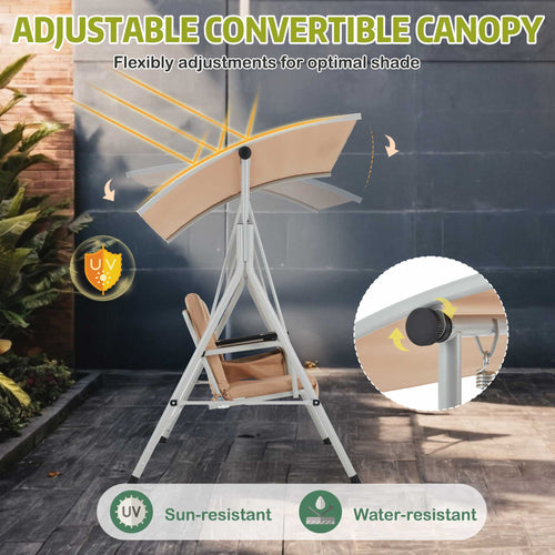 2 Seat Outdoor Porch Swing with Adjustable Canopy. Beige