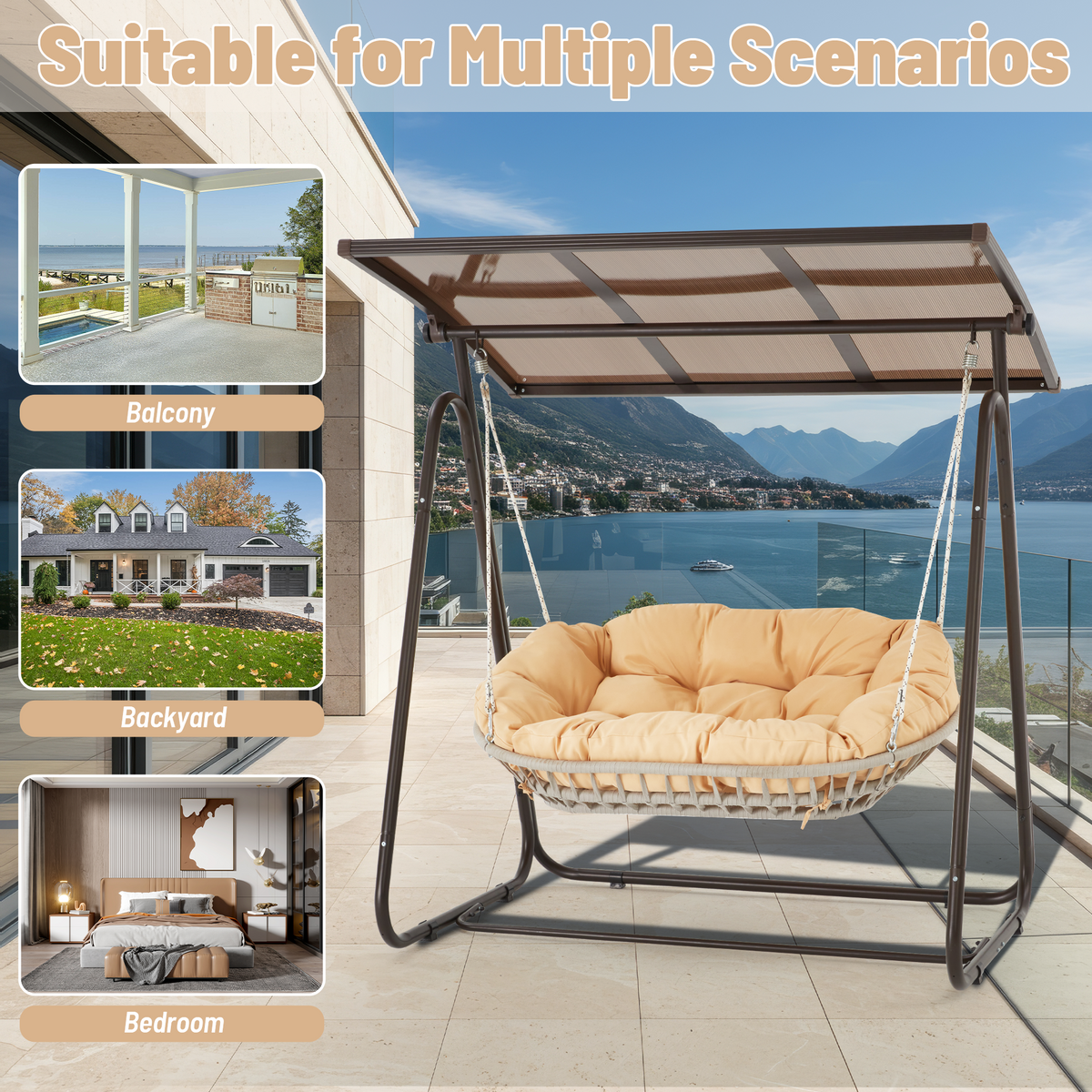 2-Seat Patio Swing Chair with Adjustable Canopy. Beige