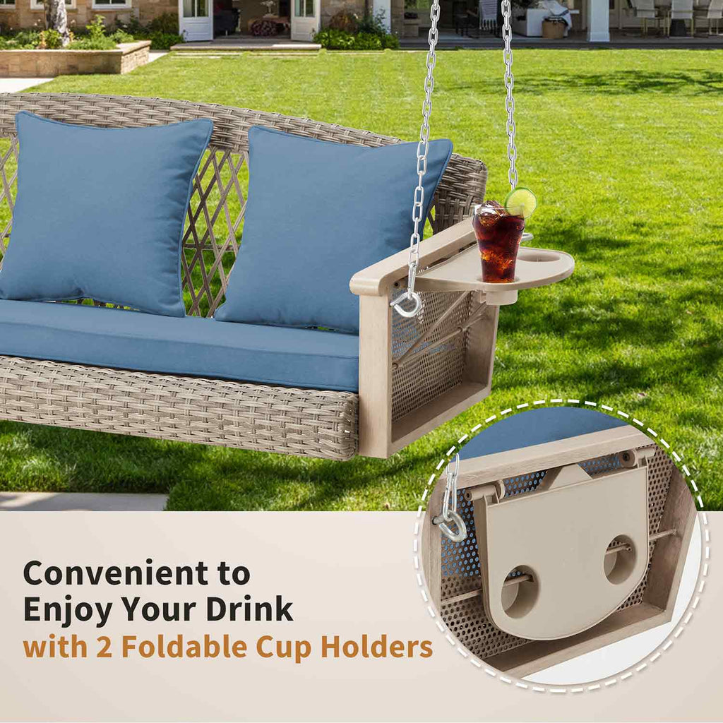 3-Seater Outdoor Porch Swing with Cup Holders. Blue