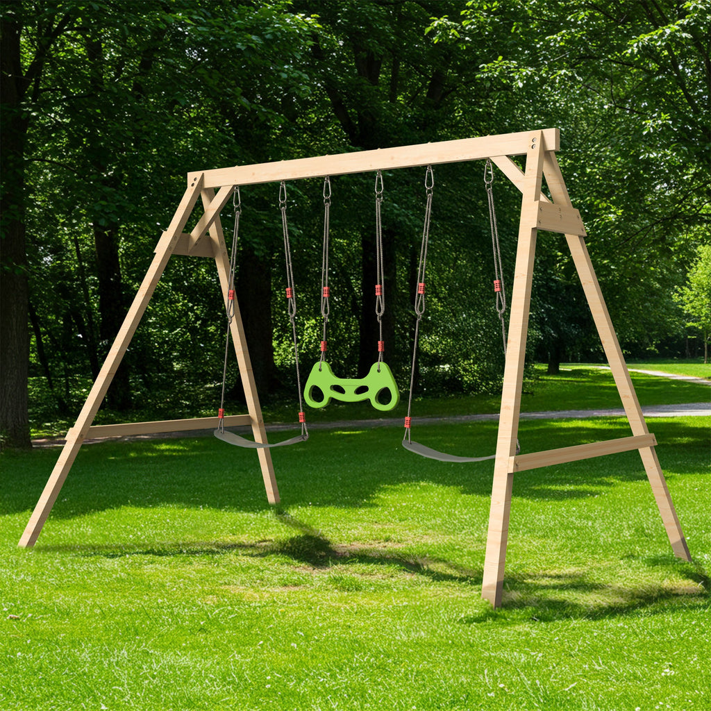 Wooden Swing Sets for Backyard with 2 Belt Swings and Trapeze Bar. Outdoor Playset for Kids. Backyard Discovery Wooden Swing Set