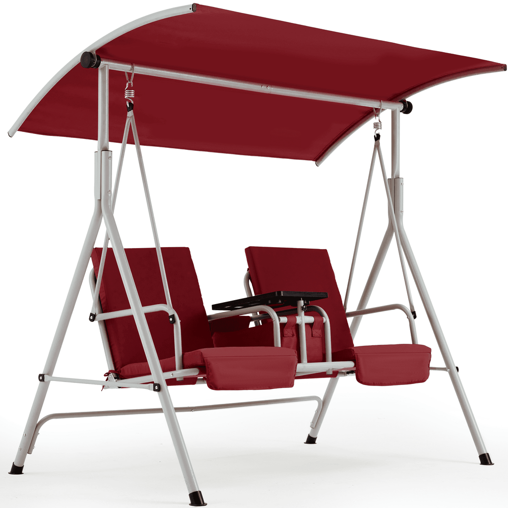 2 Seat Outdoor Porch Swing with Adjustable Canopy. Wine Red