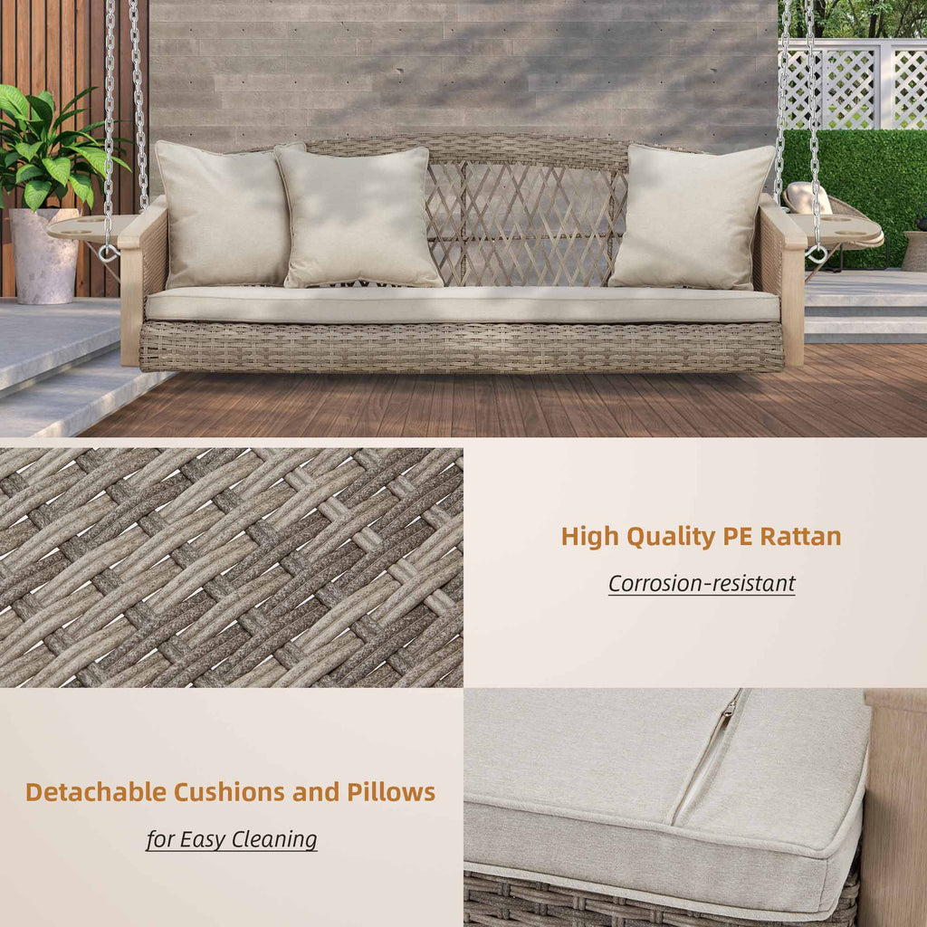 3-Seater Patio Porch Swing Bed with Cup Holders and Cushions. Beige