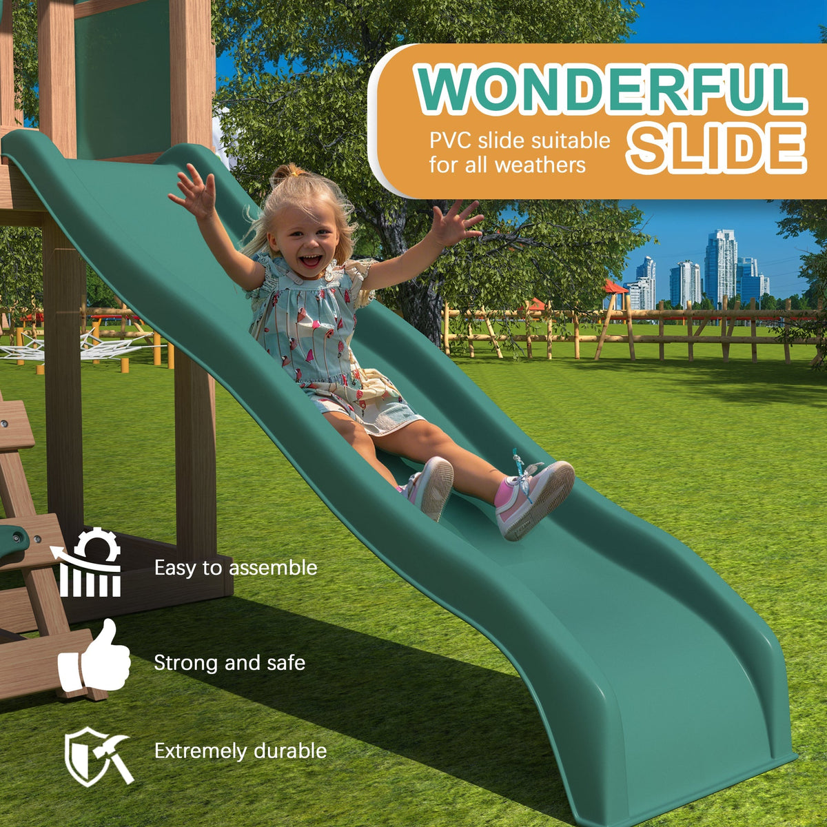 Swing Sets for Backyard. 4-in-1 Outdoor Swing Set with Slide. Climbing Rock Wall. and Soft Cushion Swings for Backyard Playground