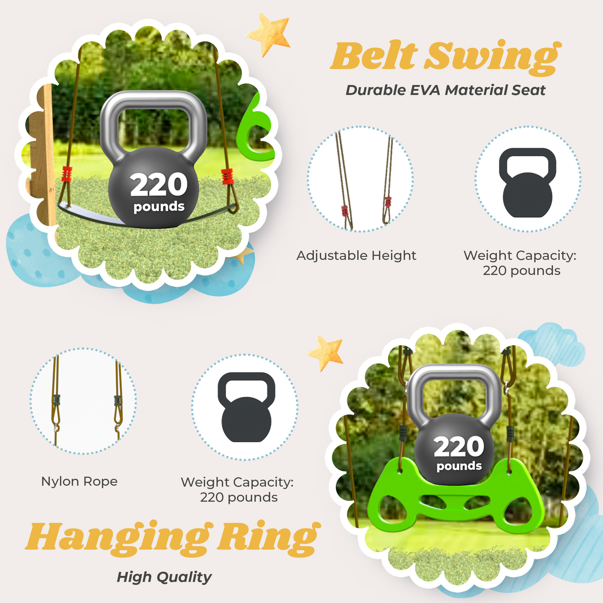 Wooden Swing Sets for Backyard with 2 Belt Swings and Trapeze Bar. Outdoor Playset for Kids. Backyard Discovery Wooden Swing Set