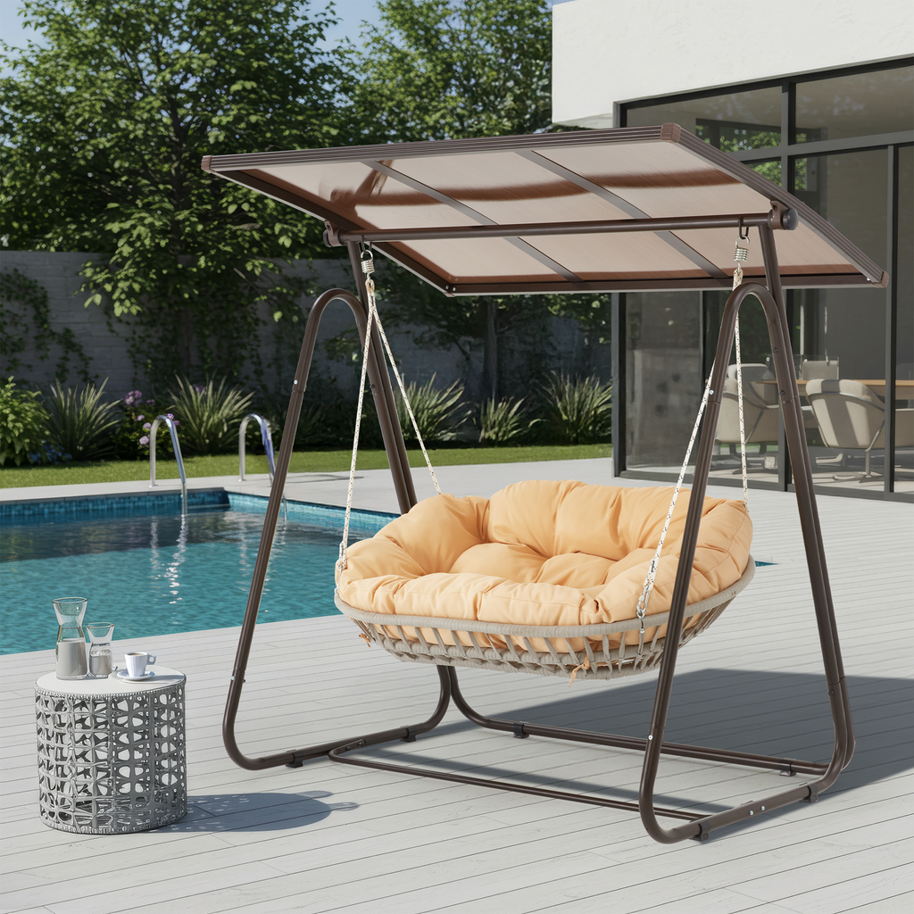 2-Seat Patio Swing Chair with Adjustable Canopy. Beige