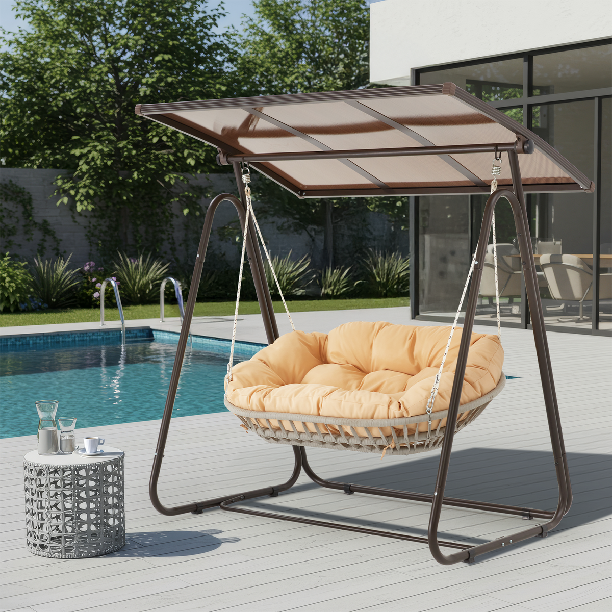 2-Seat Patio Swing Chair with Adjustable Canopy. Beige