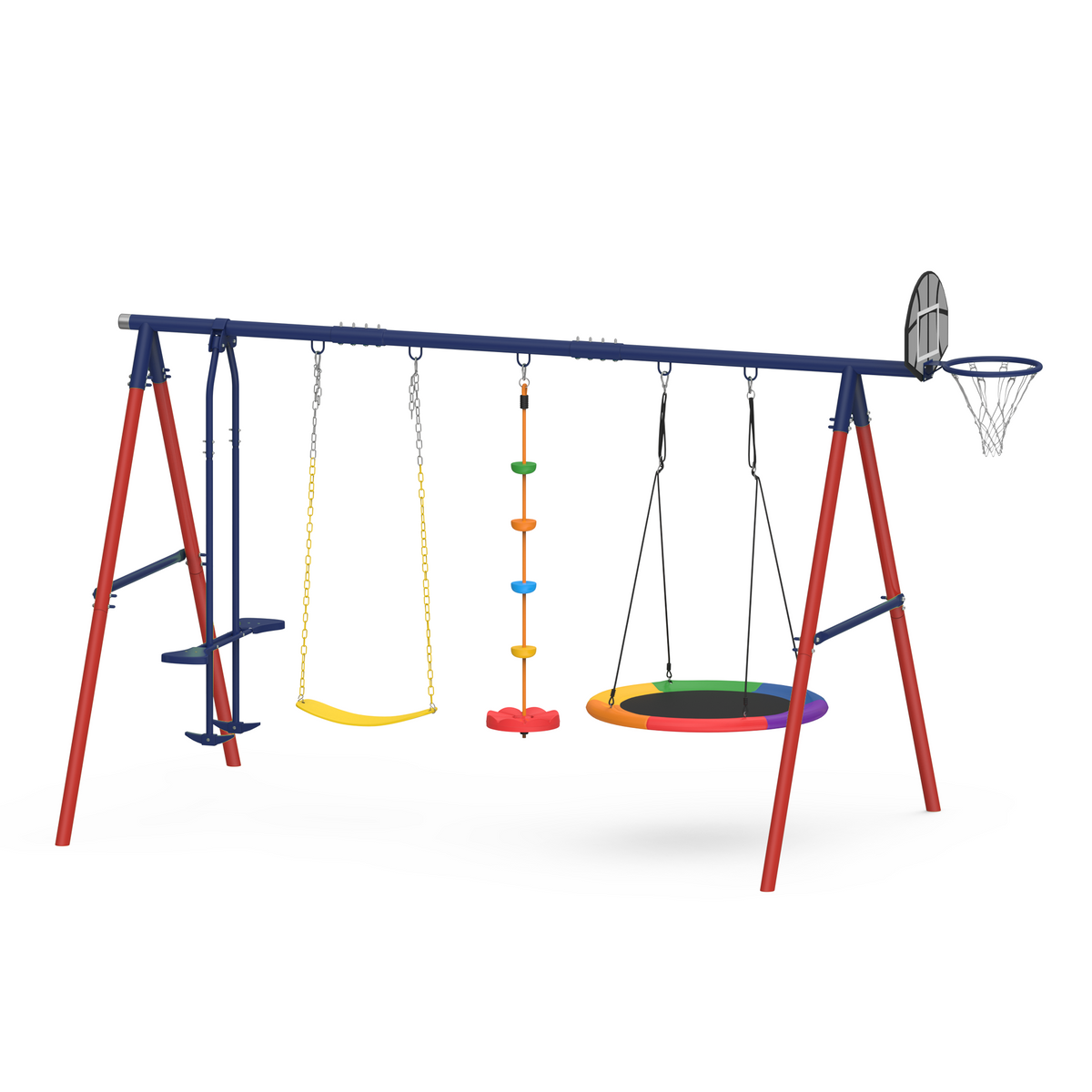 5 in 1 Lifetime Swing Set for Backyard. Heavy Duty Kids Playground with Saucer Swing. Belt Swing. Seesaw. Basketball Hoop &  Rope Swing. Outdoor Playset Holds Up to 440 lbs