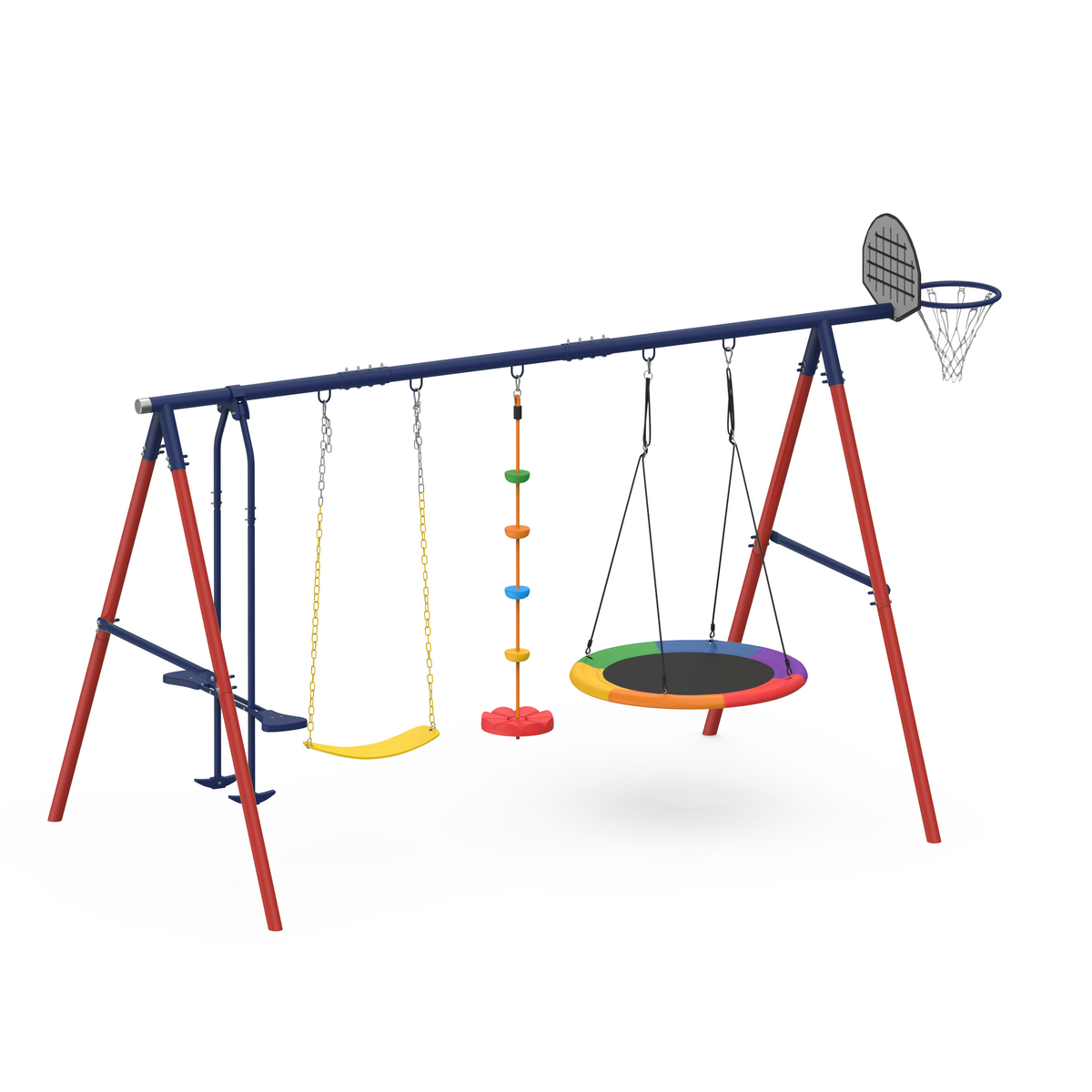 5 in 1 Lifetime Swing Set for Backyard. Heavy Duty Kids Playground with Saucer Swing. Belt Swing. Seesaw. Basketball Hoop &  Rope Swing. Outdoor Playset Holds Up to 440 lbs