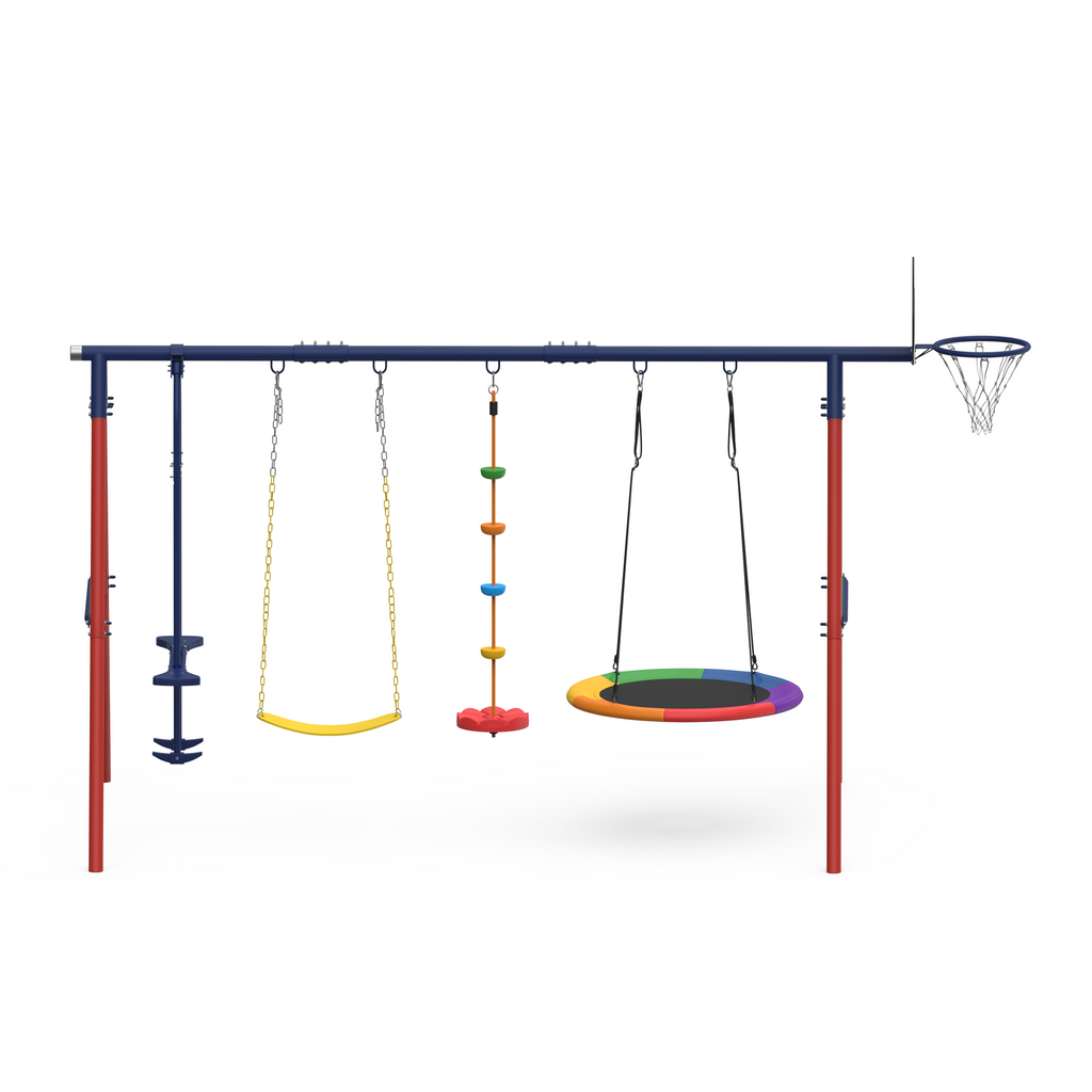 5 in 1 Lifetime Swing Set for Backyard. Heavy Duty Kids Playground with Saucer Swing. Belt Swing. Seesaw. Basketball Hoop &  Rope Swing. Outdoor Playset Holds Up to 440 lbs